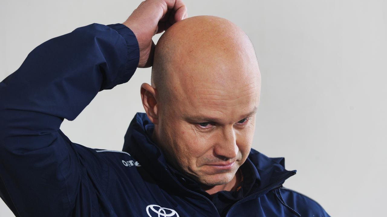 Adelaide Coach Matthew Nicks breaks down during Friday’s press conference. Picture: Michael Marschall