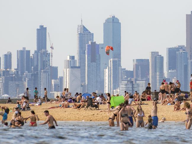 Brighton Beach Baths. Hot weather of 37 Degrees hits Melbourne. Picture: Jason Edwards