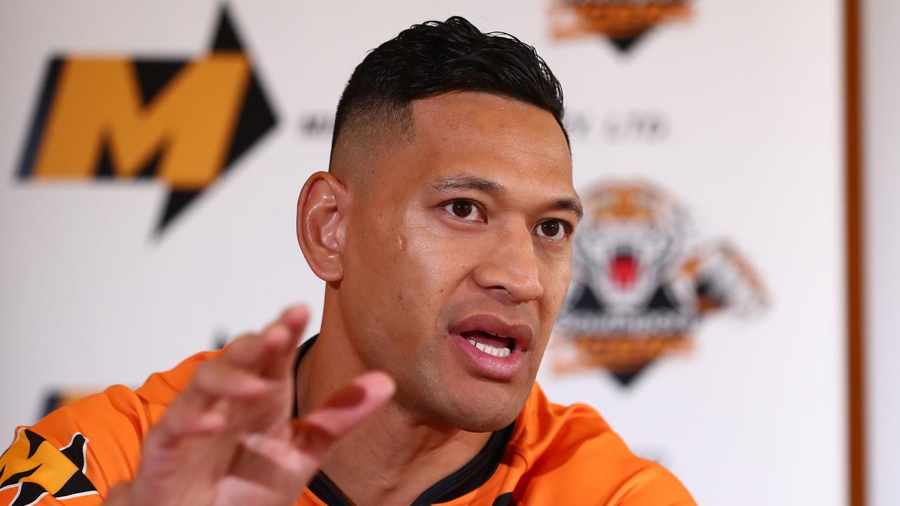 Israel Folau speaks to the media during a press conference at the Hilton Hotel on May 21, 2021 in Brisbane, Australia. (Photo by Chris Hyde/Getty Images)