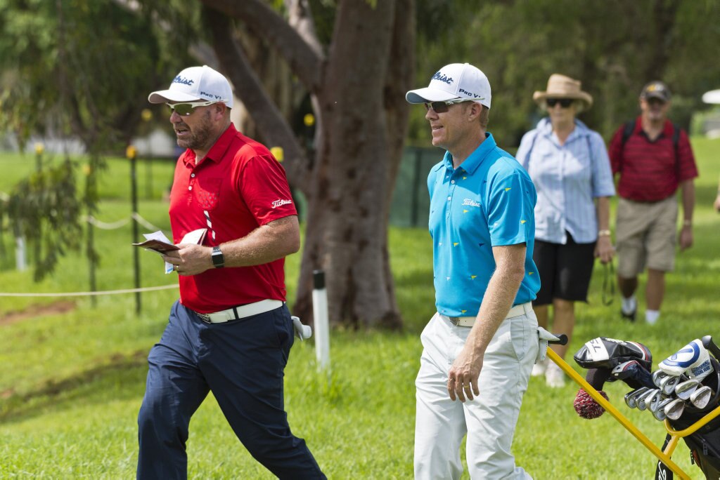 David Bransdon (front) and Brad Kennedy head to the tenth in round three of the Queensland PGA Championship at City Golf Club, Saturday, February 15, 2020. Picture: Kevin Farmer