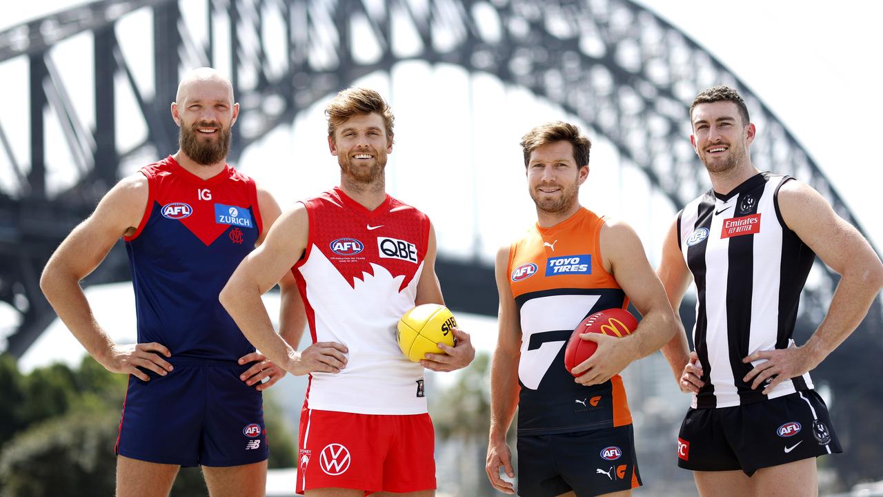 Melbourne's Max Gawn, Sydney's Dane Rampe, Giants Toby Greene and Collingwood's Daniel McStay in Sydney for Opening Round. Photo: Phil Hillyard.