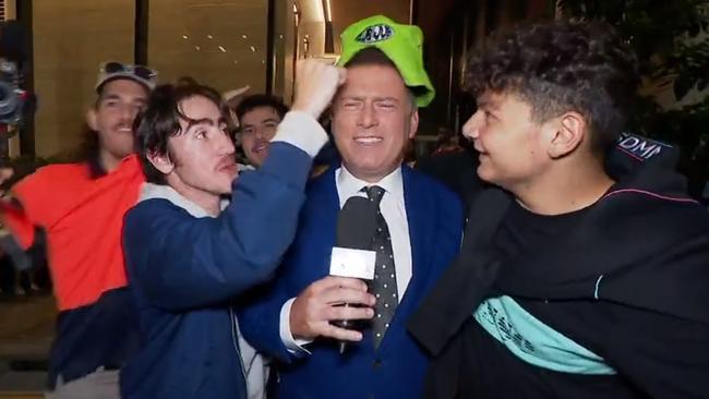 Rowdy crowd members bombarded host Karl Stefanovic. Picture: Nine