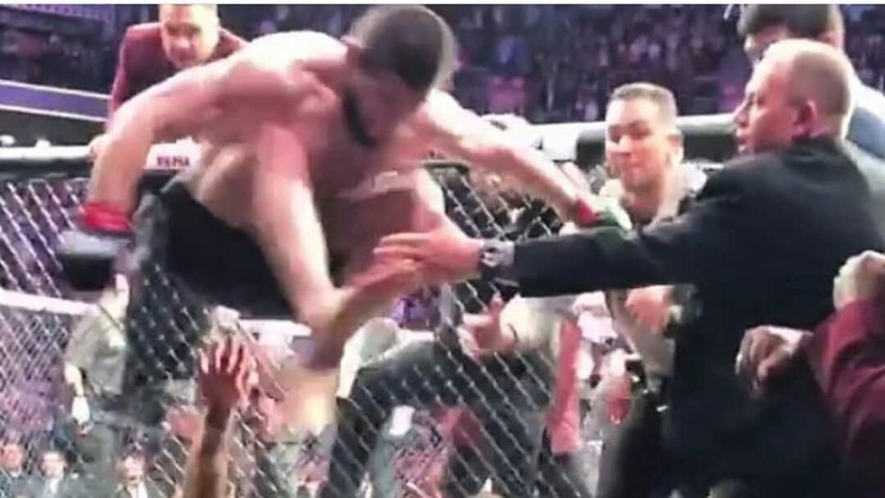 Khabib Nurmagomedov jumping into the crowd during the brawl at UFC 229 in Las Vegas.