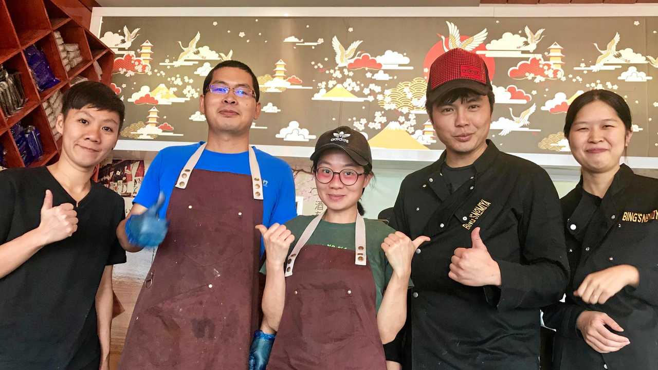 The opening staff at Bing's Nomiya Mini at Mackay's Northern Beaches Even Lao, Steven Zhou, Ting Lee, Bing Guo and Fiona Zhou. Picture: Angela Seng