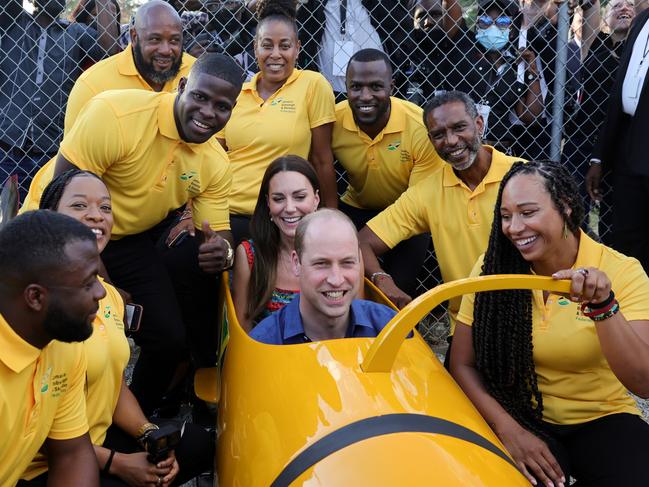 Prince William and Kate Middleton try out a bobsleigh. Picture: Getty Images