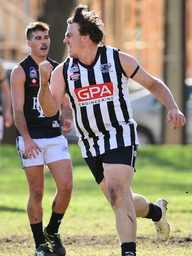 Payneham Norwood Union’s Nick Jolly celebrates a goal in a division one Adelaide Footy League match last season. Picture: AAP/Mark Brake