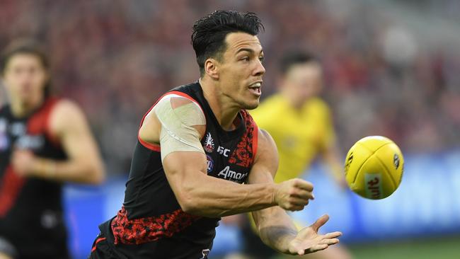 Dylan Shiel of the Bombers was handball happy against the Cats in Round 7, but only just fell short of the 100 point mark