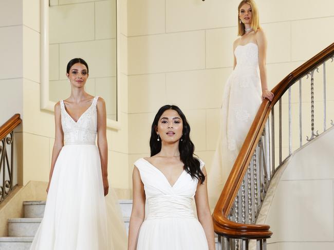 Lucy Markovic, David Jones Ambassador Jessica Gomes and Casey Matthews, stun in bridal attire. Picture: Justin Lloyd