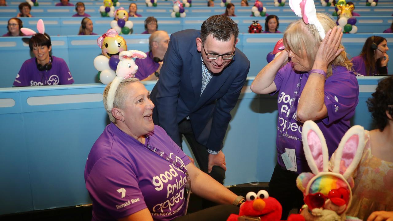 Premier Daniel Andrews visits the call centre at the Royal Children’s Hospital Good Friday Appeal. Picture: David Crosling