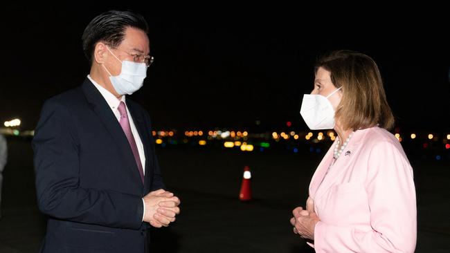 Taiwan’s Foreign Minister Joseph Wu welcoming Speaker of the US House of Representatives Nancy Pelosi upon her arrival at Sungshan Airport in Taipei.