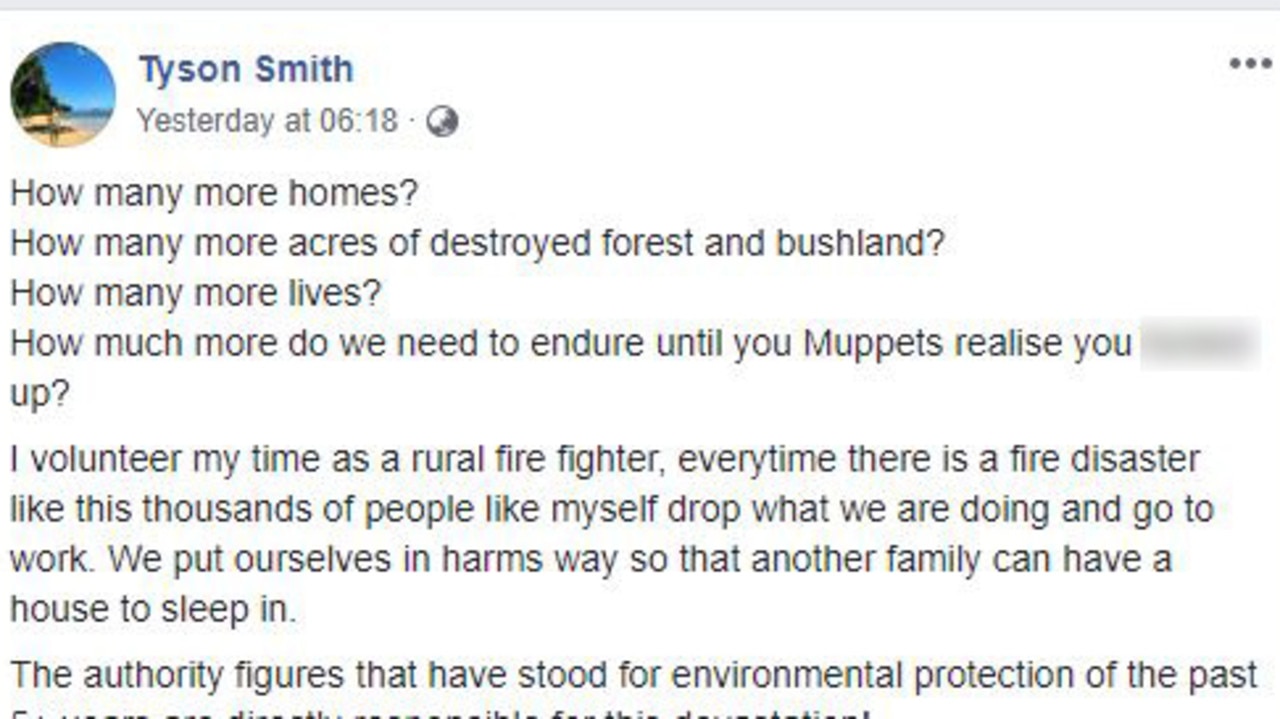 Rural firefighter Tyson Smith's heartfelt plea. Picture: Facebook