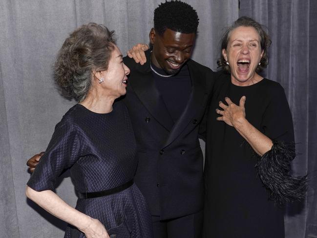 Oscars banter with Yuh-Jung Youn, Daniel Kaluuya and Frances McDormand. Picture: Getty Images