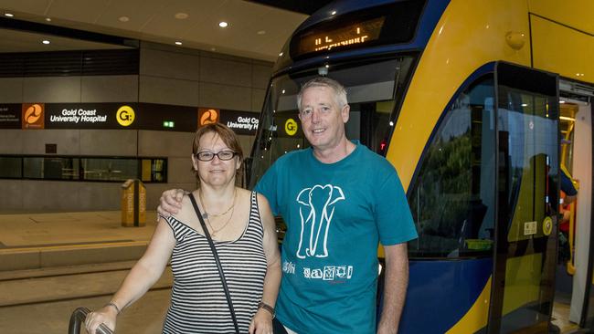 Alan Heywood and Bev Ford were among the first passengers to get on the light rail from GCUH to Helensvale. Picture: Jerad Williams