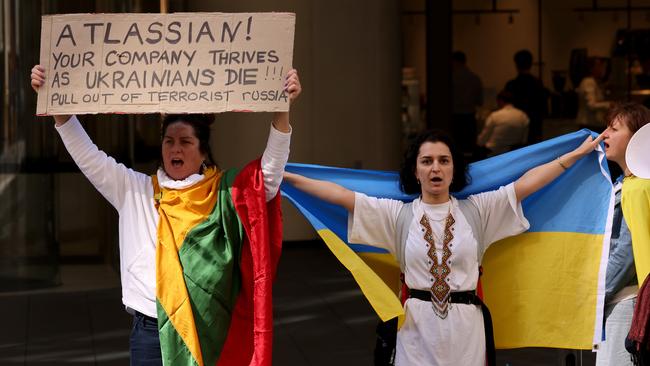 Ukrainian protesters gathered outside the Atlassian office in late August. Picture: Damian Shaw