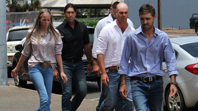 Celebrity croc wrangler Matt Wright (second from left, black shirt) was one of a number of supporters in court for Michael Burbidge’s sentencing in March. Picture: Jason Walls