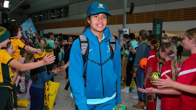 Mary Fowler as the Matildas are greeted at Sydney Domestic Airport by fans. Picture: Daily Telegraph/Gaye Gerard