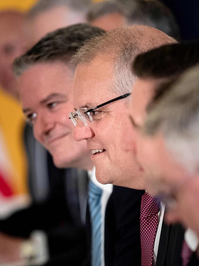 Australia's Prime Minister Scott Morrison at dinner with US President Donald Trump and others at the Imperial Hotel in Osaka on June 27, 2019. Picture: AFP