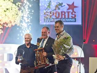 BIG WIN: 2018 Sports Darling Downs Senior Sports Star of the Year winner Matthew Denny (right) is congratulated by award sponsors (from left) Kevin Say (Toowoomba Tile Warehouse) and Paul Reedy (K&R Plumbing). Picture: Kevin Farmer