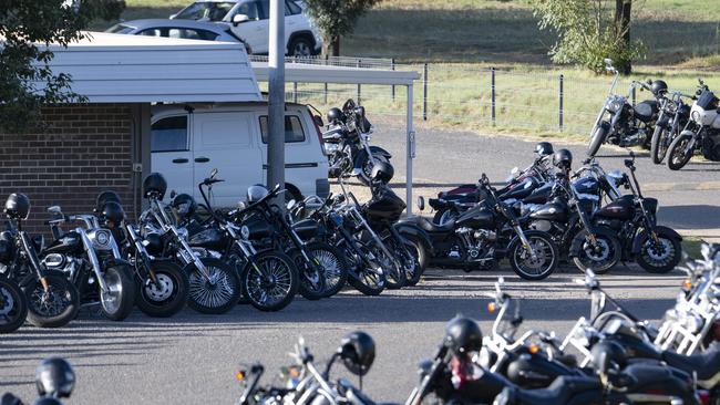 Motorcycles lined up outside a function centre at Canberra’s old greyhound racing track. Picture: Martin Ollman