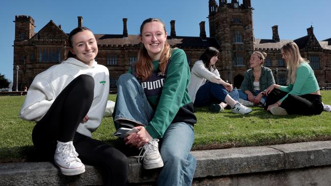 British international students Jennifer Campbell, Issie Bentley, Emily Etty, Lisa Hustaedt and Isabella Johnson at Sydney University. Picture: Jane Dempster