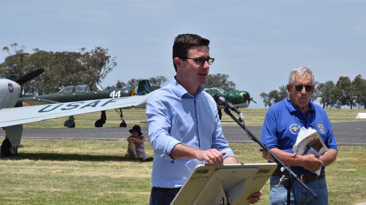 Member for Maranoa David Littleproud addresses the crowd at the 60th anniversary of the Warwick and District War Memorial Aerodrome.