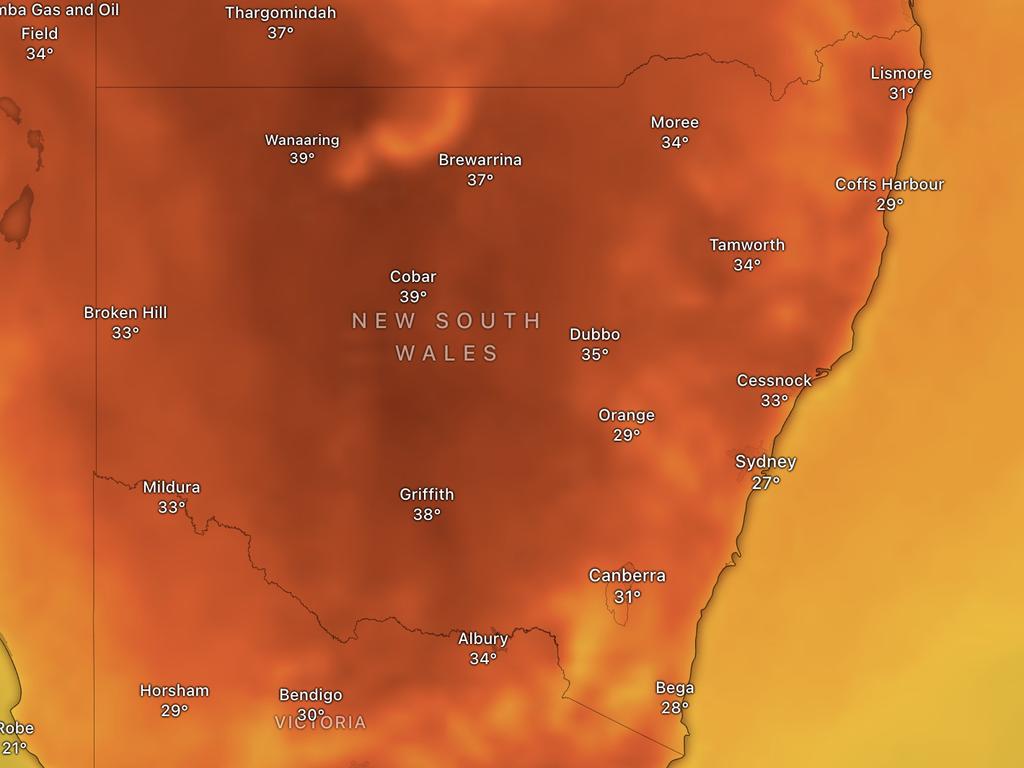 Forecast temperatures in NSW. Picture: Windy