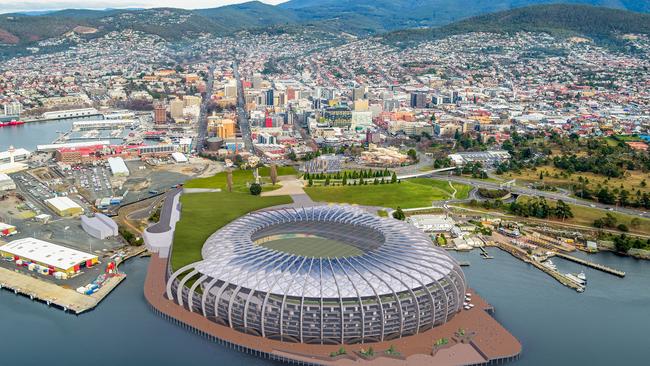 A concept drawing of a new design for a proposed Macquarie Point stadium by the Stadia Precinct Consortia led by Dean Coleman and Paul Lennon. Picture: SolutionsWon