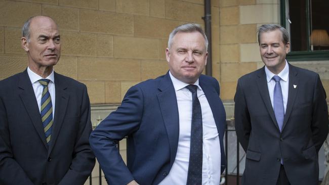 Guy Barnett, left, Tasmanian Premier Jeremy Rockliff and Michael Ferguson. Picture: Chris Kidd