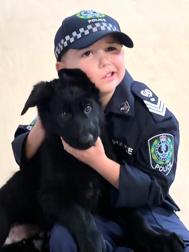 The highlight of Sergeant Sammy’s second day on duty was meeting new German Shepherd puppies at SAPOL’s Dog Operations Unit. Picture: SAPOL