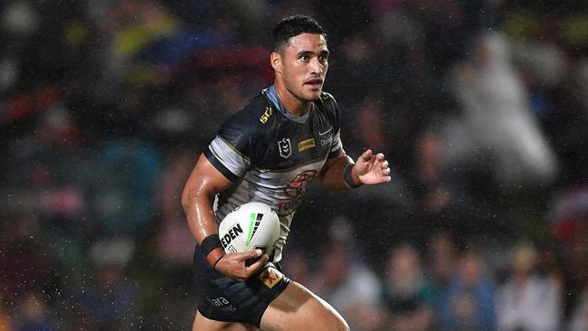 Valentine Holmes runs the ball for the Cowboys. Picture: Gregg Porteous/NRL Photos