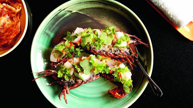 Charcoal-grilled marron with young coconut and koji butter. Picture: Jane Dempster