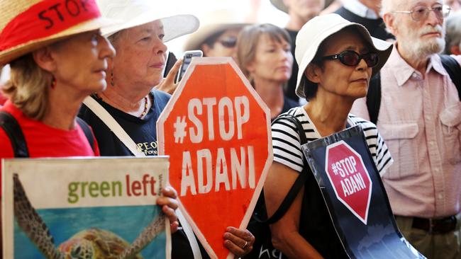 Anti-Adani protesters outside the Sydney Mining Club lunch on Thursday. Adani CEO Lucas Dow was speaking at the event. Picture: Hollie Adams