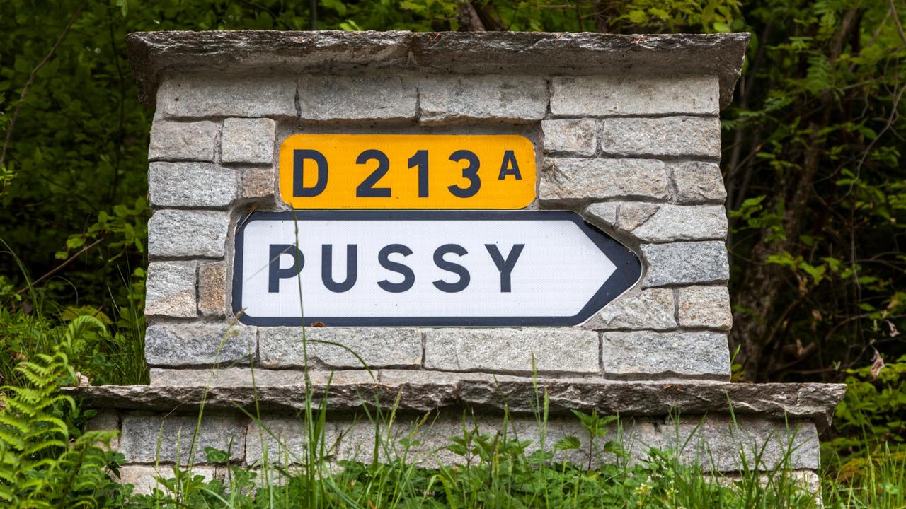 Sign to a French village called Pussy in the Tarentaise, Savoie, Rhone-Alpes, France Picture: Alamy