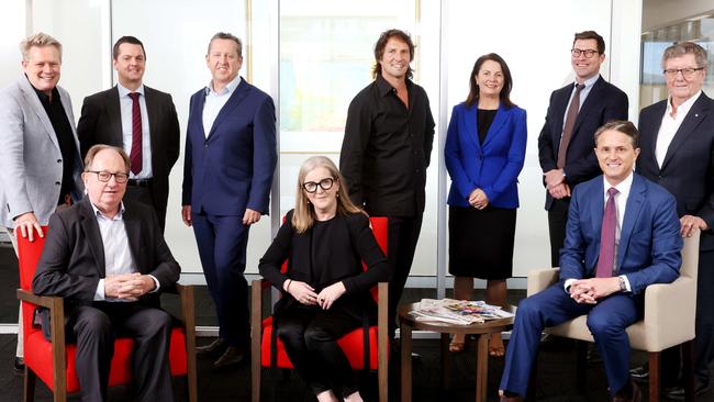 Influential Queensland business, transport and hospitality leaders (from back left) Ben Slack, Chris Rogan, Dr Michel Kane, Adam Flaskas, Sue Johnson, David Bold and Trevor St Baker with (seated) Peter Hyland, Rachel Crowley and Max Futcher. Picture: Steve Pohlner