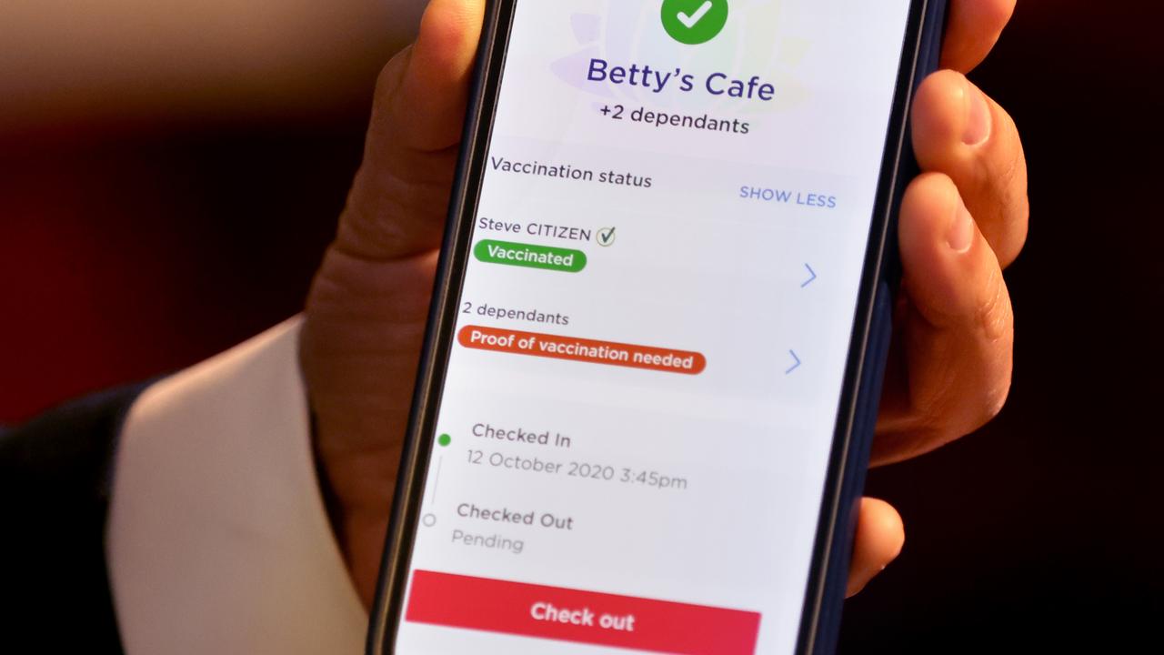 The app is supposed to allow people to prove their vaccination status while checking into a venue with a QR code. Picture: Damian Shaw / NCA NewsWire