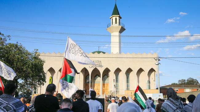 SYDNEY, AUSTRALIA : NewsWire Photos - OCTOBER 07 2024 ; Hizb ut-Tahrir are hosting a  rally outside Lakemba Mosque in Sydney today with hundreds of people gathered in protest to stand for Paestine and Lebanon on the anniversary of the October 7 attacks. Picture: NewsWire / Gaye Gerard