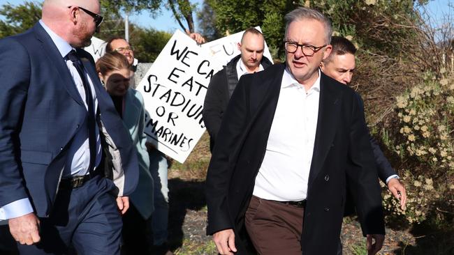 Prime Minister Anthony Albanese was hounded by protesters in Hobart on Saturday morning.  Picture: Nikki Davis-Jones