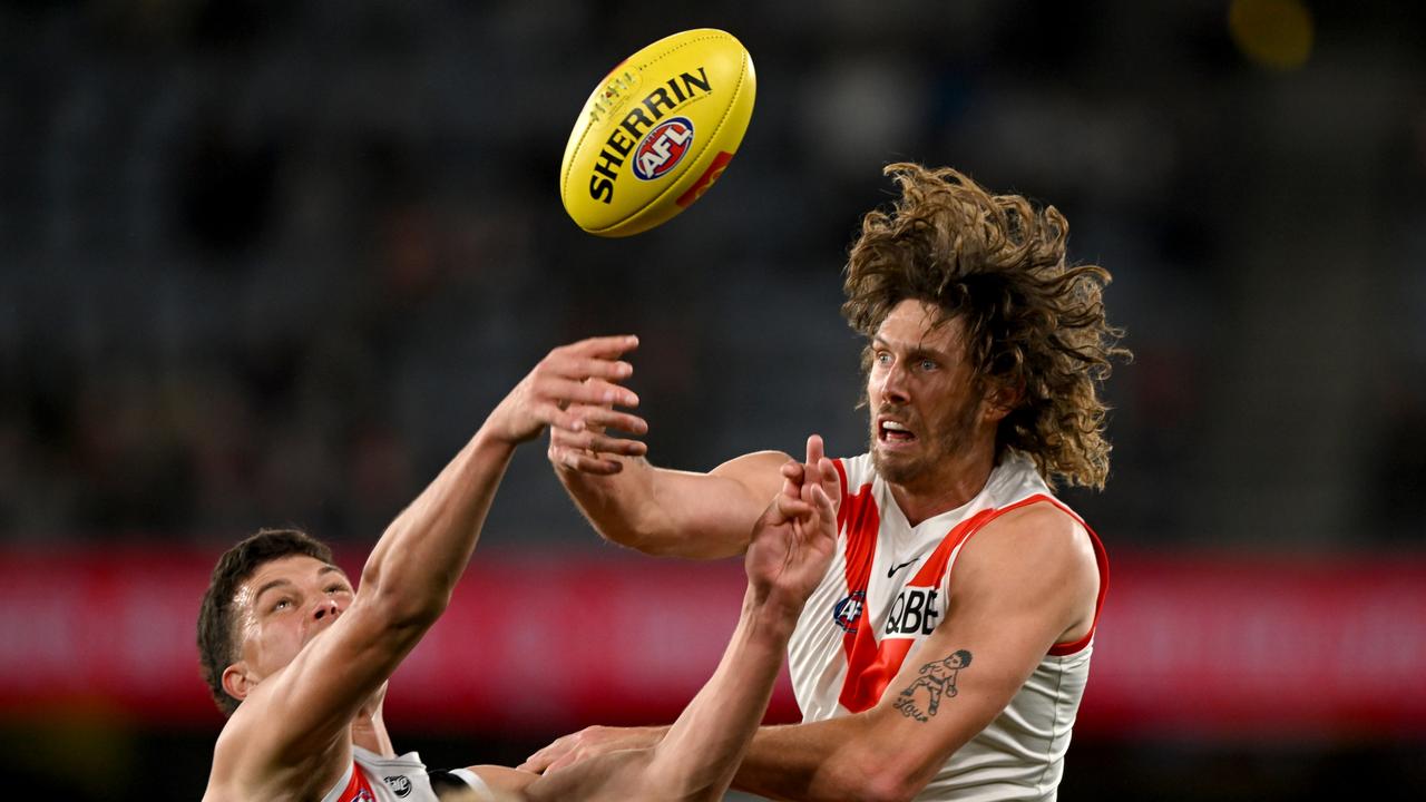 Tom Hickey hopes to hold his own against Melbourne’s dynamic ruck duo of Max Gawn and Luke Jackson, with Sam Reid’s help. Picture: Getty Images