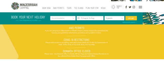 The Minjerribah Camping website states the business will not accept reservations from selected Queensland post