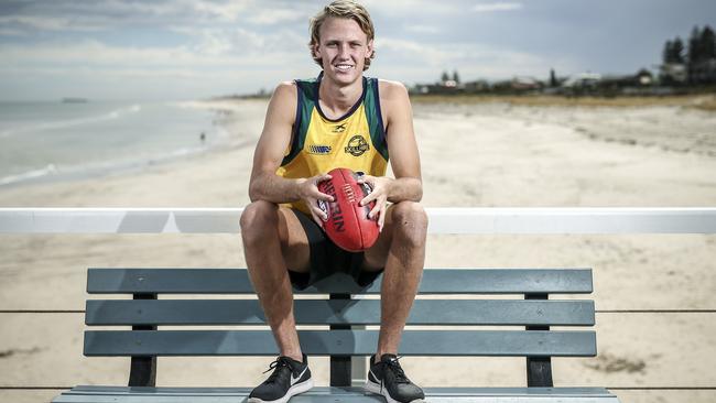 Eagles player and possible AFL draft pick Jack Lukosius at Grange Jetty. Picture: AAP/Mike Burton