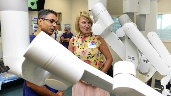 Doctor Jay Iyer and patient, Terrena Pearn. Terrena was the first patient on the table for the new robotic arm surgery. Picture: Caitlan Charles