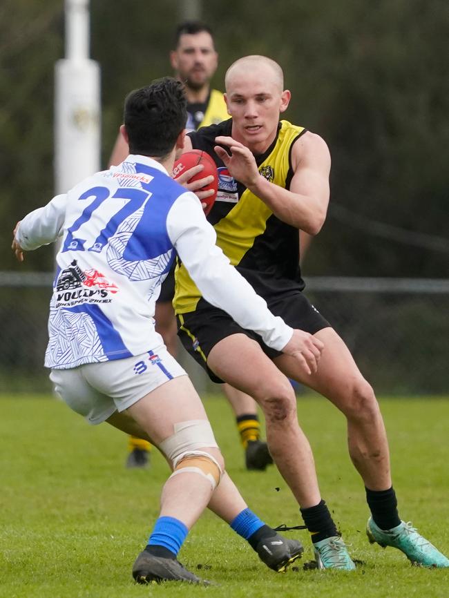 SFNL: South Mornington’s Jayden Davis takes on the tackler. Picture: Valeriu Campan