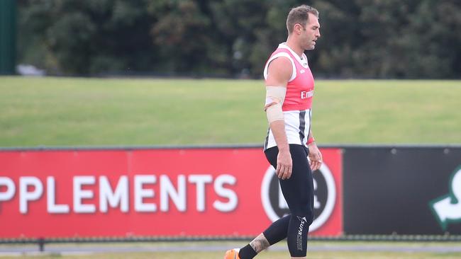 Travis Cloke takes a breather during match simulation training. Picture: Hamish Blair