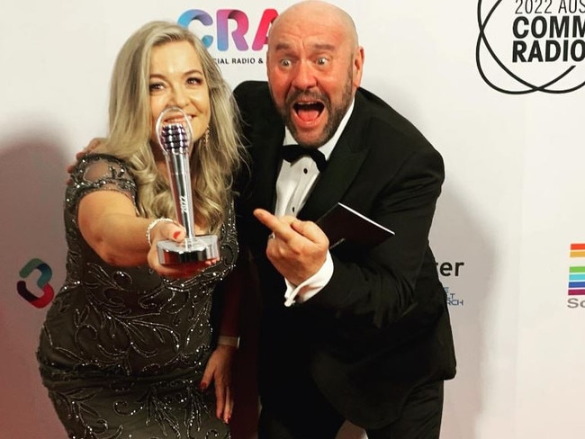 Newcastle Triple M breakfast duo Tanya Wilkes and Steve Grahame took home a trophy at the recent ACRAs. Picture: Instagram