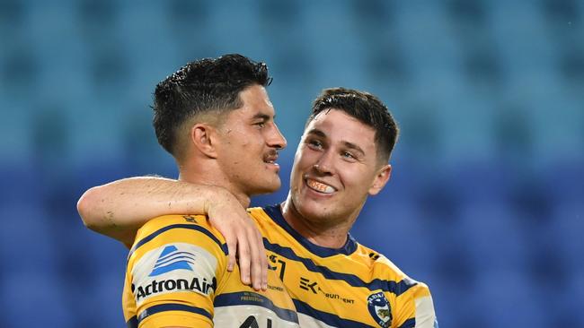 Dylan Brown and Mitchell Moses 2020 NRL Round 02 - Gold Coast Titans v Parramatta Eels, Cbus Super Stadium, 2020-03-22. Digital image by Scott Davis � NRL Photos