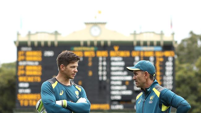 ADELAIDE, AUSTRALIA – DECEMBER 08: Tim Paine of Australia speaks with Justin Langer, coach of Australia, during day three of the First Test match in the series between Australia and India at Adelaide Oval on December 08, 2018 in Adelaide, Australia. (Photo by Ryan Pierse/Getty Images)