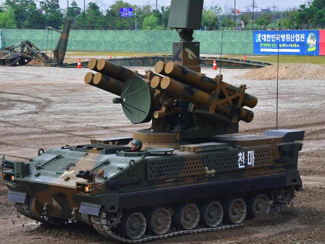 South Korea's Chun-ma (C), a Self-Propelled Surface to Air Missile System, moves during an equipment demonstration in Goyang, north of Seoul, on September 10, 2016. Picture: AFP / Jung Yeon-Je