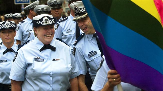 Then-Victoria Police Commissioner Christine Nixon at the 2002 Pride March. Picture: AAP Image/Julian Smith