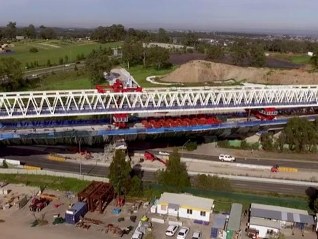 The Skytrain bridge, inspired by the Anzac Bridge, over Windsor Rd at Rouse Hill. Picture: Transport for NSW