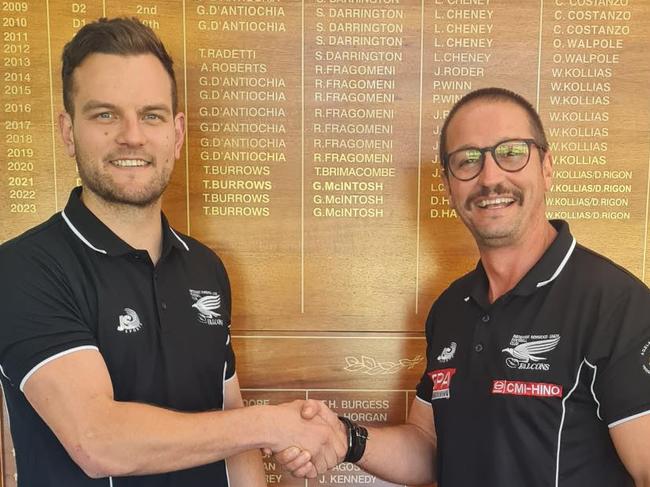 Coach Jeremy Cini (right) welcomes Nunn to the Falcons. Picture: Payneham Norwood Union Football Club